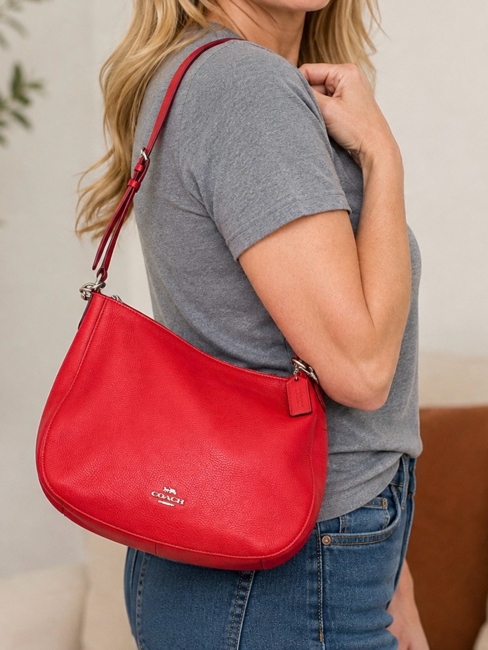 Coach Pebble Elle Convertible Hobo Crossbody Shoulder Bag Purse Red EUC